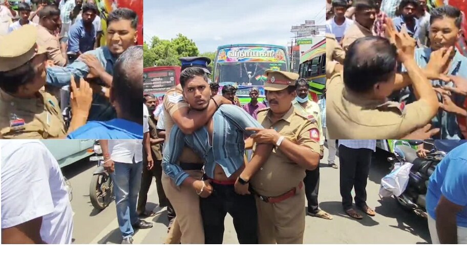 தஞ்சாவூர் விசிக போராட்டம்: போலீசை அறைந்த இளைஞன்..... தேவையின்றி தாக்கினோமா? காவல்துறை விளக்கம்